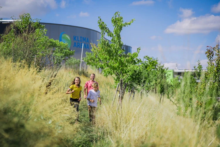 Drei Kinder erkunden eine hohe, wild gewachsene Wiese vor dem Geb&auml;ude der KLIMA ARENA.